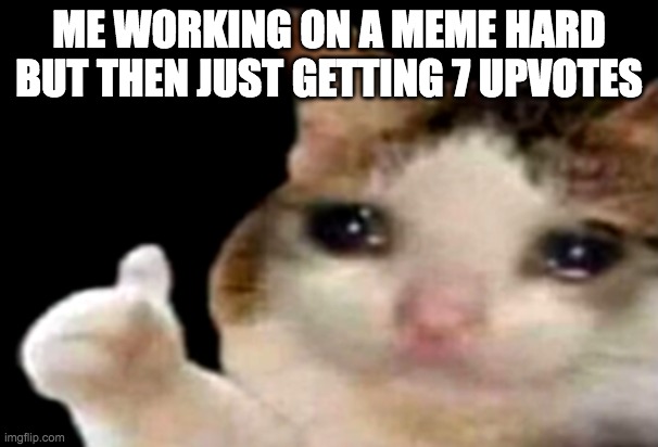 Sad cat thumbs up | ME WORKING ON A MEME HARD BUT THEN JUST GETTING 7 UPVOTES | image tagged in sad cat thumbs up | made w/ Imgflip meme maker