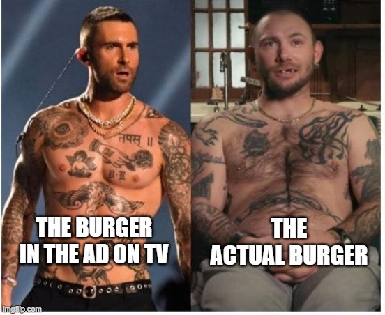 false advertising | THE ACTUAL BURGER; THE BURGER IN THE AD ON TV | image tagged in burger | made w/ Imgflip meme maker