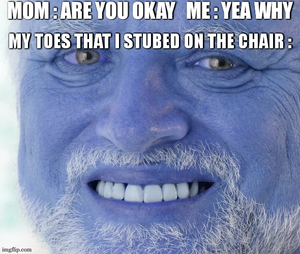 hide the eternal suffer | MOM : ARE YOU OKAY   ME : YEA WHY; MY TOES THAT I STUBED ON THE CHAIR : | image tagged in hide the pain harold,toes,memes,lying,truth,happened to everyone | made w/ Imgflip meme maker
