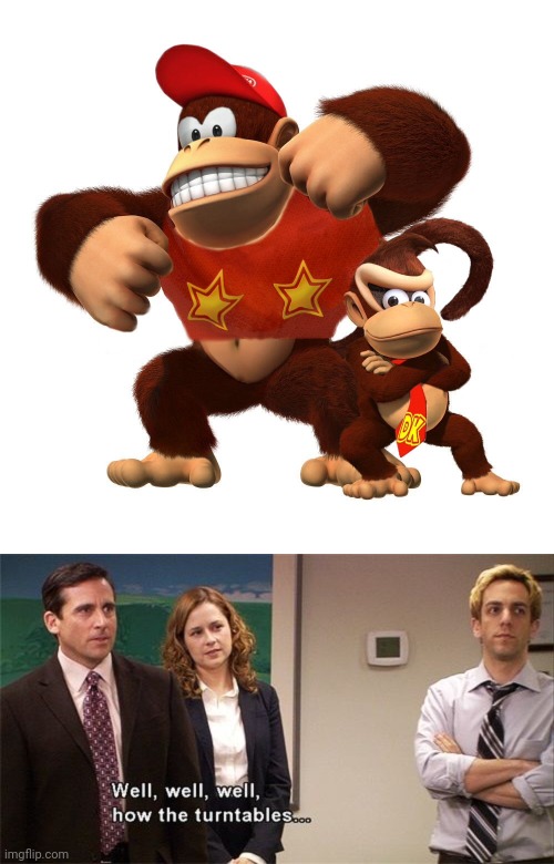 The switcheroos: Diddy Kong and Donkey Kong | image tagged in how the turntables,gaming,memes,donkey kong,diddy kong,blursed image | made w/ Imgflip meme maker