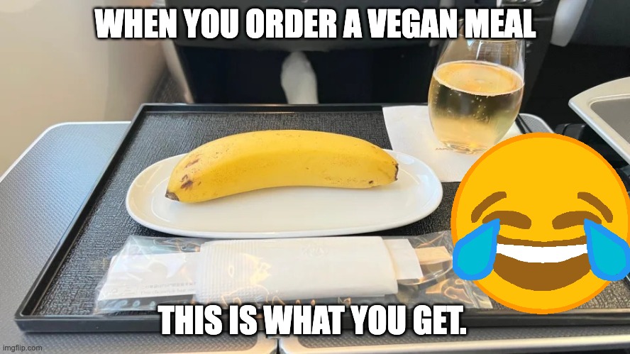 Vegan Dining be like | WHEN YOU ORDER A VEGAN MEAL; THIS IS WHAT YOU GET. | image tagged in vegan dinner japan airlines | made w/ Imgflip meme maker