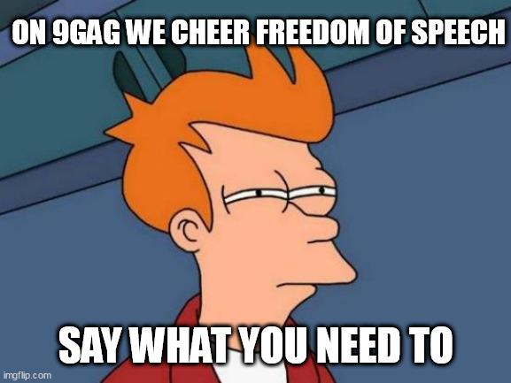 Futurama Fry Meme | ON 9GAG WE CHEER FREEDOM OF SPEECH; SAY WHAT YOU NEED TO | image tagged in memes,futurama fry | made w/ Imgflip meme maker