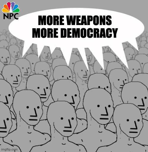 more weapons more democracy | MORE WEAPONS
MORE DEMOCRACY | image tagged in npc-crowd | made w/ Imgflip meme maker