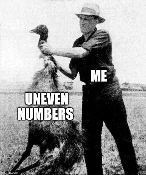 When you have the urge to strangle uneven numbers | ME; UNEVEN NUMBERS | image tagged in great emu war | made w/ Imgflip meme maker