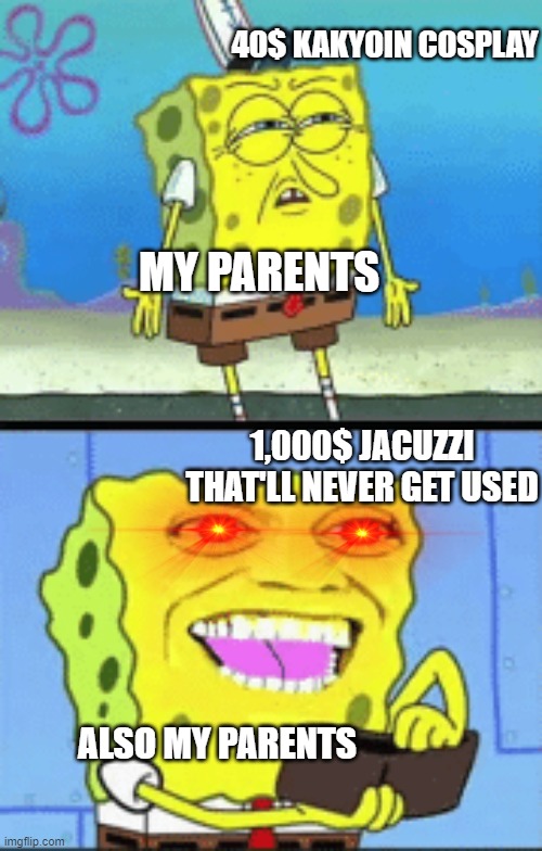 but why :,( | 40$ KAKYOIN COSPLAY; MY PARENTS; 1,000$ JACUZZI THAT'LL NEVER GET USED; ALSO MY PARENTS | image tagged in spongebob money | made w/ Imgflip meme maker
