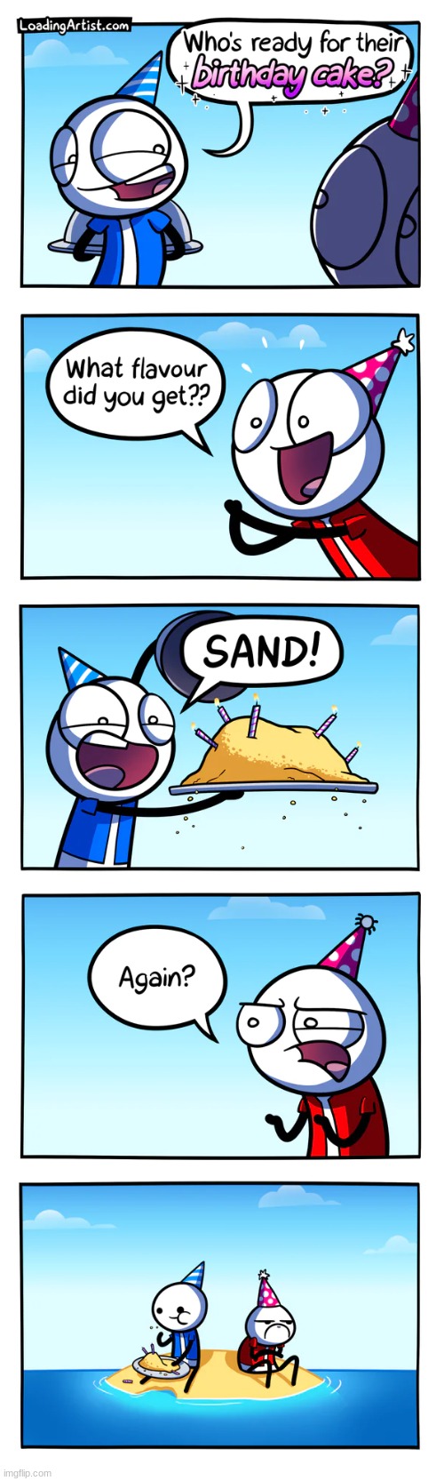 image tagged in comic,sand,cake,birthday,desert island | made w/ Imgflip meme maker