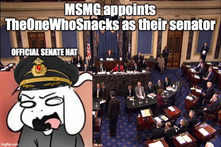 Congratulations Asriel for becoming the first senator within the March-April 2023 term | MSMG appoints TheOneWhoSnacks as their senator; OFFICIAL SENATE HAT | image tagged in senate floor,asriel,becomes,senator,of,msmg | made w/ Imgflip meme maker