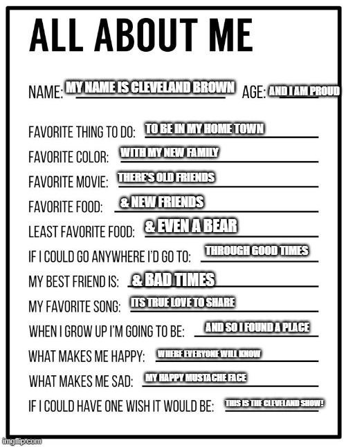 clevelands card | MY NAME IS CLEVELAND BROWN; AND I AM PROUD; TO BE IN MY HOME TOWN; WITH MY NEW FAMILY; THERE'S OLD FRIENDS; & NEW FRIENDS; & EVEN A BEAR; THROUGH GOOD TIMES; & BAD TIMES; ITS TRUE LOVE TO SHARE; AND SO I FOUND A PLACE; WHERE EVERYONE WILL KNOW; MY HAPPY MUSTACHE FACE; THIS IS THE CLEVELAND SHOW! | image tagged in all about me card,cleveland browns,the cleveland show,random bullshit go,bullshit,lol so funny | made w/ Imgflip meme maker