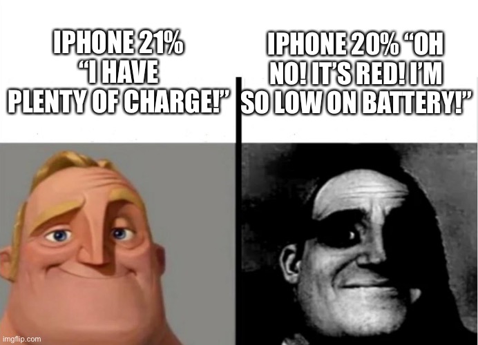 I can’t be the only one right…….. guys???? | IPHONE 21% “I HAVE PLENTY OF CHARGE!”; IPHONE 20% “OH NO! IT’S RED! I’M SO LOW ON BATTERY!” | image tagged in teacher's copy,iphone,battery | made w/ Imgflip meme maker