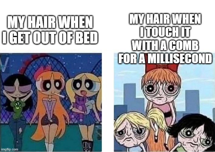 Powerpuff girls | MY HAIR WHEN I TOUCH IT WITH A COMB FOR A MILLISECOND; MY HAIR WHEN I GET OUT OF BED | image tagged in powerpuff girls,memes | made w/ Imgflip meme maker