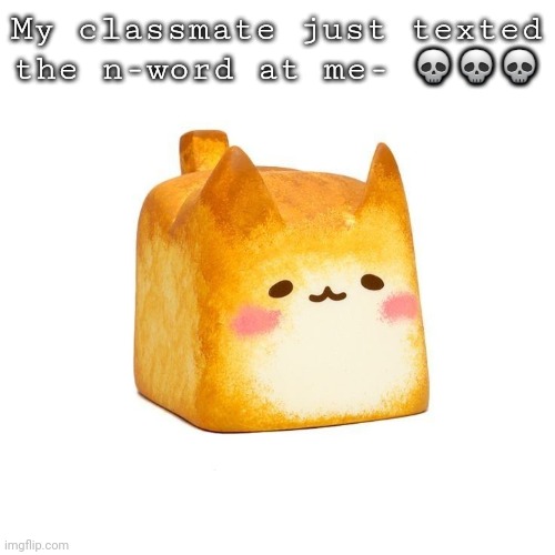 Catbread | My classmate just texted the n-word at me- 💀💀💀 | image tagged in catbread | made w/ Imgflip meme maker