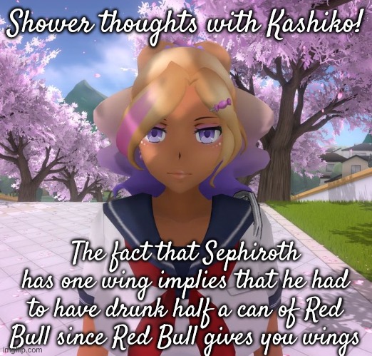 Kashiko Murasaki | Shower thoughts with Kashiko! The fact that Sephiroth has one wing implies that he had to have drunk half a can of Red Bull since Red Bull gives you wings | image tagged in kashiko murasaki | made w/ Imgflip meme maker