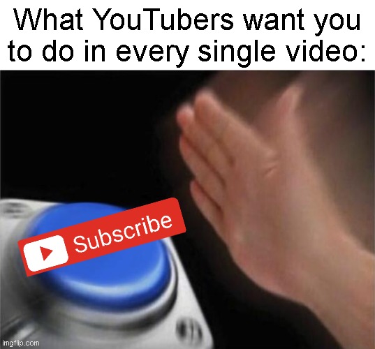 Blank Nut Button Meme | What YouTubers want you to do in every single video: | image tagged in memes,blank nut button,funny,true story,youtube,subscribe | made w/ Imgflip meme maker