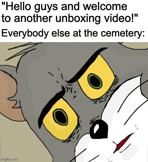 OH NOES. | "Hello guys and welcome to another unboxing video!"; Everybody else at the cemetery: | image tagged in memes,unsettled tom | made w/ Imgflip meme maker
