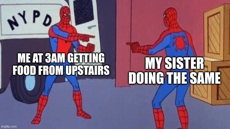 spiderman pointing at spiderman | ME AT 3AM GETTING FOOD FROM UPSTAIRS; MY SISTER DOING THE SAME | image tagged in spiderman pointing at spiderman | made w/ Imgflip meme maker