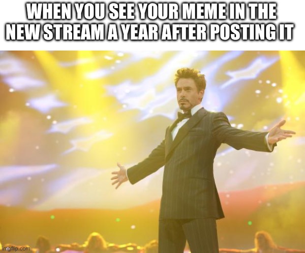 Tony Stark success | WHEN YOU SEE YOUR MEME IN THE NEW STREAM A YEAR AFTER POSTING IT | image tagged in tony stark success | made w/ Imgflip meme maker