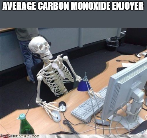 Waiting skeleton | AVERAGE CARBON MONOXIDE ENJOYER | image tagged in waiting skeleton | made w/ Imgflip meme maker
