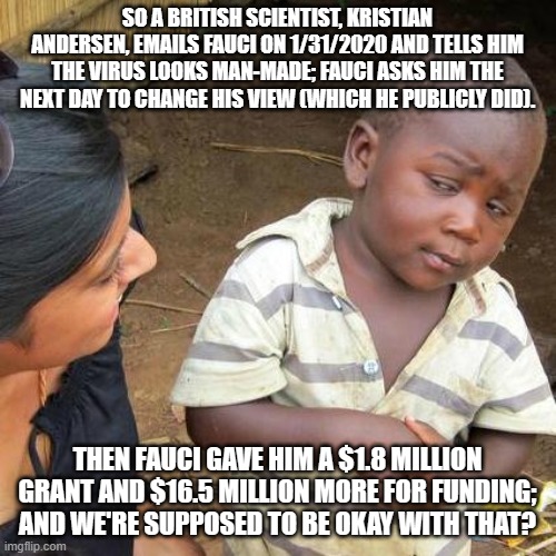 Fauci, or the Mafia? | SO A BRITISH SCIENTIST, KRISTIAN ANDERSEN, EMAILS FAUCI ON 1/31/2020 AND TELLS HIM THE VIRUS LOOKS MAN-MADE; FAUCI ASKS HIM THE NEXT DAY TO CHANGE HIS VIEW (WHICH HE PUBLICLY DID). THEN FAUCI GAVE HIM A $1.8 MILLION GRANT AND $16.5 MILLION MORE FOR FUNDING; AND WE'RE SUPPOSED TO BE OKAY WITH THAT? | image tagged in memes,third world skeptical kid | made w/ Imgflip meme maker