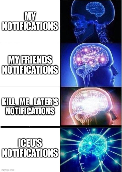 Notifications | MY NOTIFICATIONS; MY FRIENDS NOTIFICATIONS; KILL_ME_LATER'S NOTIFICATIONS; ICEU'S NOTIFICATIONS | image tagged in memes,expanding brain | made w/ Imgflip meme maker