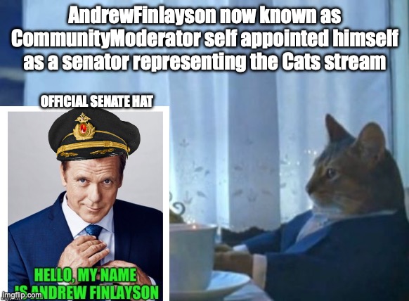 Congratulations Andrew for becoming the second senator within the March-April 2023 term | AndrewFinlayson now known as CommunityModerator self appointed himself as a senator representing the Cats stream; OFFICIAL SENATE HAT | image tagged in memes,i should buy a boat cat,andrewfinlayson,cats,stream,senator | made w/ Imgflip meme maker