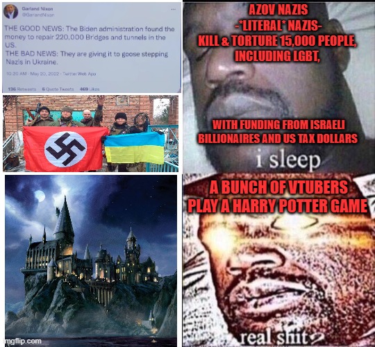 Hogwarts Legacy is "transphobic & anti semitic," but Azov Battalion & it's funders aren't? Enjoy the Fluoride Kool-Aid. Sorry. | AZOV NAZIS
-*LITERAL* NAZIS-
KILL & TORTURE 15,000 PEOPLE, 
INCLUDING LGBT, WITH FUNDING FROM ISRAELI BILLIONAIRES AND US TAX DOLLARS; A BUNCH OF VTUBERS PLAY A HARRY POTTER GAME | image tagged in i sleep,vtuber,hogwarts,transphobic,kool-aid,scumbag government | made w/ Imgflip meme maker