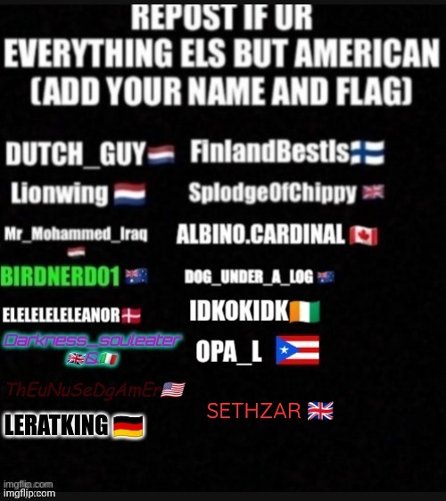 Repost w/ ur flag | SETHZAR 🇬🇧 | image tagged in repost | made w/ Imgflip meme maker