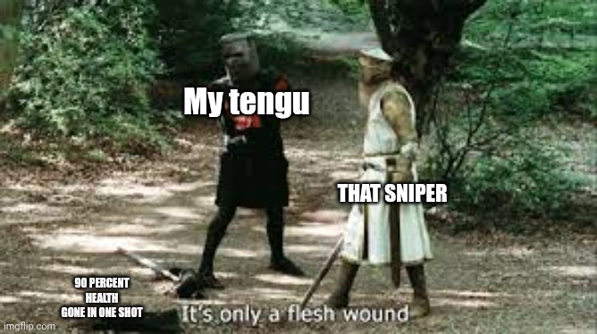 It's Just a Flesh Wound | My tengu; THAT SNIPER; 90 PERCENT HEALTH GONE IN ONE SHOT | image tagged in it's just a flesh wound | made w/ Imgflip meme maker