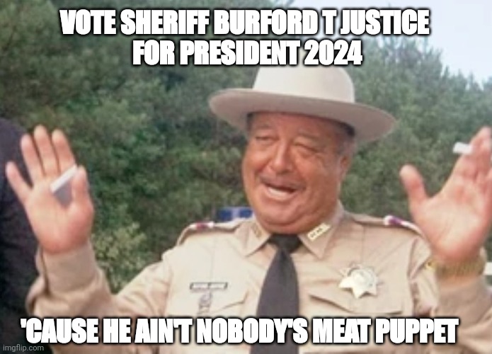 Sheriff Burford T Justice | VOTE SHERIFF BURFORD T JUSTICE 
FOR PRESIDENT 2024; 'CAUSE HE AIN'T NOBODY'S MEAT PUPPET | image tagged in sheriff burford t justice | made w/ Imgflip meme maker