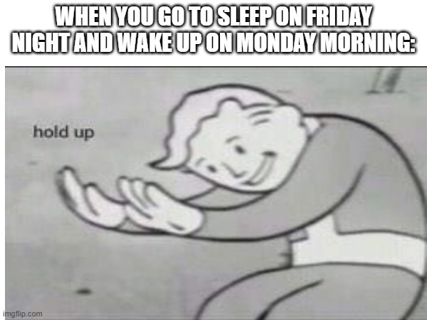 Time for school! | WHEN YOU GO TO SLEEP ON FRIDAY NIGHT AND WAKE UP ON MONDAY MORNING: | image tagged in fallout hold up,school,monday,friday,funny memes,lol so funny | made w/ Imgflip meme maker