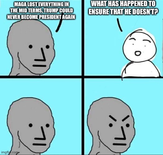 NPC Meme | WHAT HAS HAPPENED TO ENSURE THAT HE DOESN’T? MAGA LOST EVERYTHING IN THE MID TERMS, TRUMP COULD NEVER BECOME PRESIDENT AGAIN | image tagged in npc meme | made w/ Imgflip meme maker