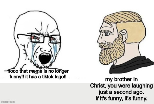 this is lokey facts, if it's funny, it's funny. |  nooo that meme is no longer funny!! it has a tiktok logo!! my brother in Christ, you were laughing just a second ago. If it's funny, it's funny. | image tagged in soyjak vs chad,imgflippers,tiktok,tiktok sucks | made w/ Imgflip meme maker