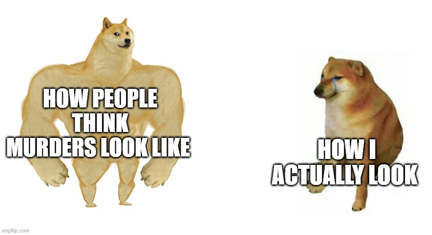 Buff Doge vs Crying Cheems | HOW PEOPLE THINK MURDERS LOOK LIKE; HOW I ACTUALLY LOOK | image tagged in buff doge vs crying cheems | made w/ Imgflip meme maker