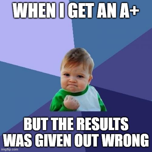 This Is So True | WHEN I GET AN A+; BUT THE RESULTS WAS GIVEN OUT WRONG | image tagged in memes,success kid | made w/ Imgflip meme maker