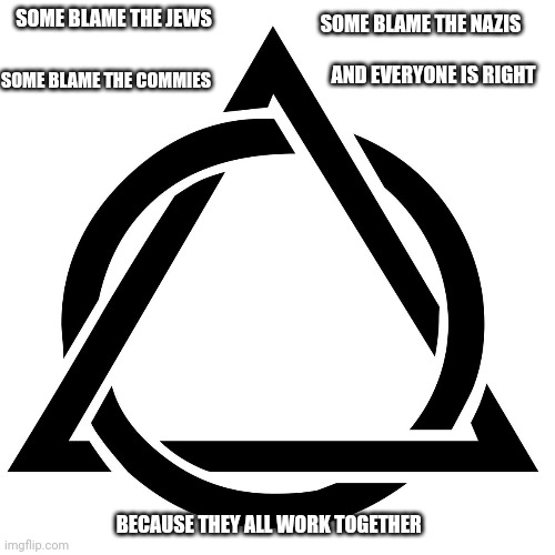 Blame game | SOME BLAME THE NAZIS; SOME BLAME THE JEWS; SOME BLAME THE COMMIES; AND EVERYONE IS RIGHT; BECAUSE THEY ALL WORK TOGETHER | image tagged in change my mind | made w/ Imgflip meme maker