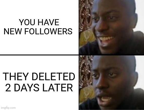 Well....sh- | YOU HAVE NEW FOLLOWERS; THEY DELETED 2 DAYS LATER | image tagged in oh yeah oh no | made w/ Imgflip meme maker