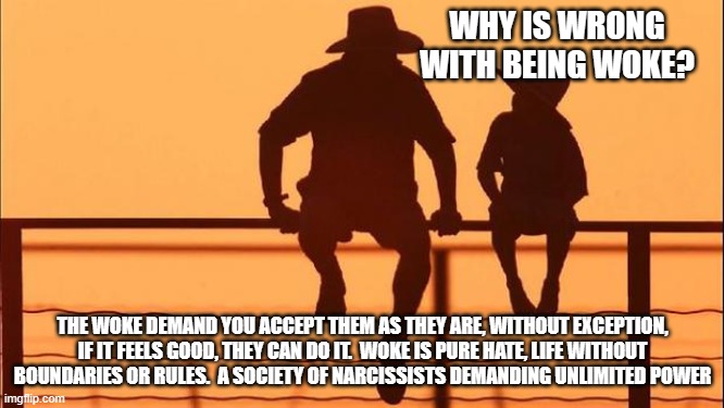 Cowboy wisdom, woke is hate demanding political power | WHY IS WRONG WITH BEING WOKE? THE WOKE DEMAND YOU ACCEPT THEM AS THEY ARE, WITHOUT EXCEPTION, IF IT FEELS GOOD, THEY CAN DO IT.  WOKE IS PURE HATE, LIFE WITHOUT BOUNDARIES OR RULES.  A SOCIETY OF NARCISSISTS DEMANDING UNLIMITED POWER | image tagged in cowboy father and son,cowboy wisdom,woke is hate,narcissist left,unlimited power,societal collapse | made w/ Imgflip meme maker