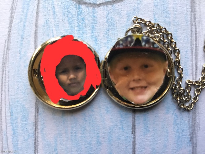 Aww found this old necklace with me and my cousin in it !! (Younger me face reveal-) | image tagged in face reveal | made w/ Imgflip meme maker