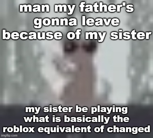 lunch | man my father's gonna leave because of my sister; my sister be playing what is basically the roblox equivalent of changed | image tagged in lunch | made w/ Imgflip meme maker
