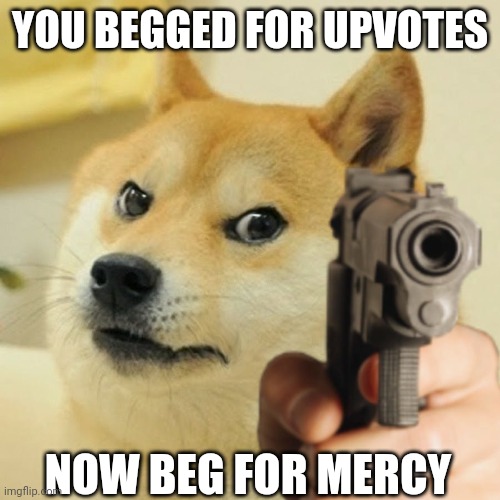 Doge holding a gun | YOU BEGGED FOR UPVOTES NOW BEG FOR MERCY | image tagged in doge holding a gun | made w/ Imgflip meme maker