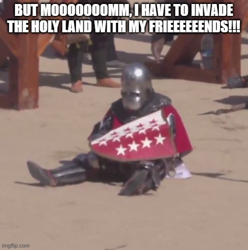 Sad crusader noises | BUT MOOOOOOOMM, I HAVE TO INVADE THE HOLY LAND WITH MY FRIEEEEEENDS!!! | image tagged in sad crusader noises | made w/ Imgflip meme maker