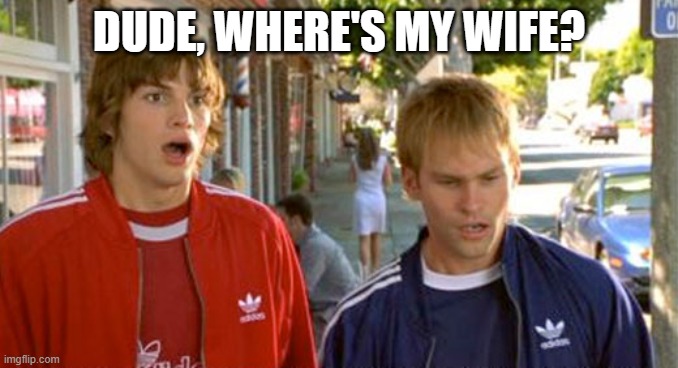 Dude, where's my car? | DUDE, WHERE'S MY WIFE? | image tagged in dude where's my car | made w/ Imgflip meme maker