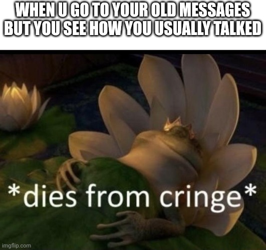 Too much cringe | WHEN U GO TO YOUR OLD MESSAGES BUT YOU SEE HOW YOU USUALLY TALKED | image tagged in dies from cringe | made w/ Imgflip meme maker