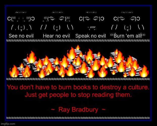 You don’t have to burn books to destroy a culture, just get people to stop reading them. ~ Ray Bradbury ~ | image tagged in america today - burn all the books | made w/ Imgflip meme maker