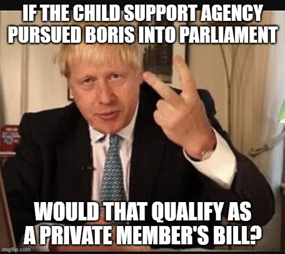 Boris CSA | IF THE CHILD SUPPORT AGENCY PURSUED BORIS INTO PARLIAMENT; WOULD THAT QUALIFY AS A PRIVATE MEMBER'S BILL? | image tagged in boris johnson | made w/ Imgflip meme maker