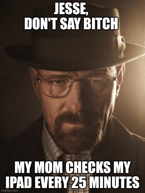 Walter White | JESSE,  DON'T SAY BITCH; MY MOM CHECKS MY IPAD EVERY 25 MINUTES | image tagged in walter white | made w/ Imgflip meme maker