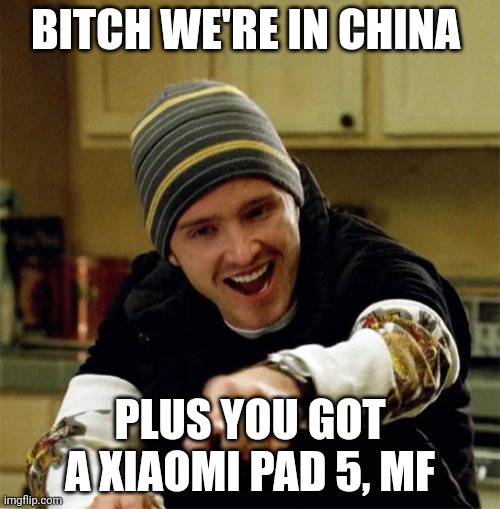Jesse Pinkman | BITCH WE'RE IN CHINA; PLUS YOU GOT A XIAOMI PAD 5, MF | image tagged in jesse pinkman | made w/ Imgflip meme maker
