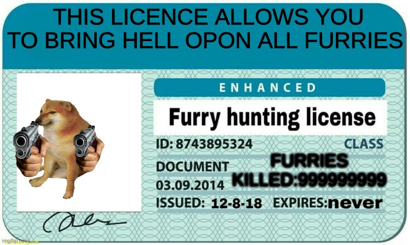 furry | THIS LICENCE ALLOWS YOU TO BRING HELL OPON ALL FURRIES; FURRIES KILLED:999999999 | image tagged in furry hunting license | made w/ Imgflip meme maker