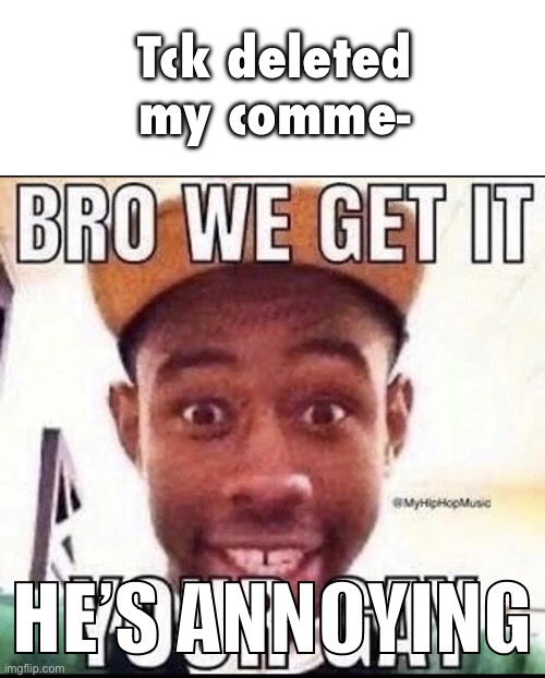 BRO WE GET IT YOU'RE GAY | Tck deleted my comme-; HE’S ANNOYING | image tagged in bro we get it you're gay | made w/ Imgflip meme maker
