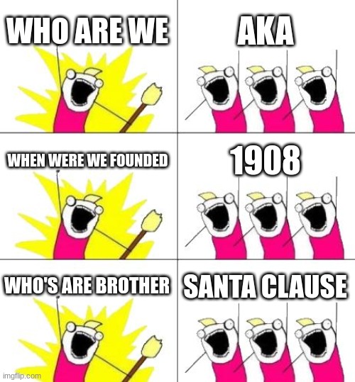 What Do We Want 3 Meme | WHO ARE WE; AKA; WHEN WERE WE FOUNDED; 1908; WHO'S ARE BROTHER; SANTA CLAUSE | image tagged in memes,what do we want 3 | made w/ Imgflip meme maker