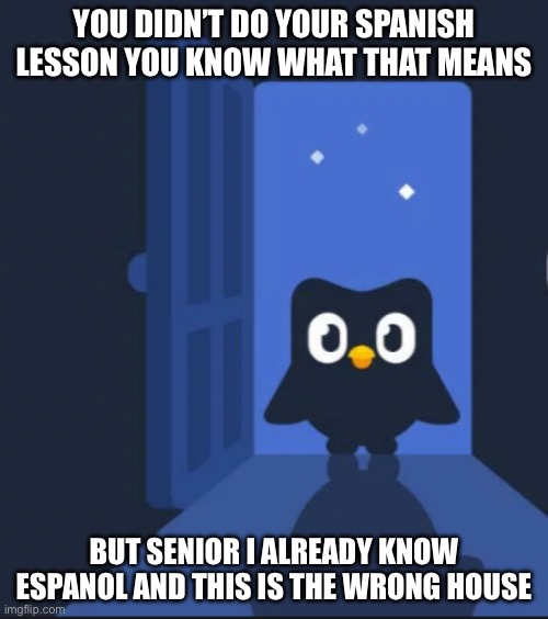 Duolingo bird | YOU DIDN’T DO YOUR SPANISH LESSON YOU KNOW WHAT THAT MEANS; BUT SENIOR I ALREADY KNOW ESPANOL AND THIS IS THE WRONG HOUSE | image tagged in duolingo bird | made w/ Imgflip meme maker